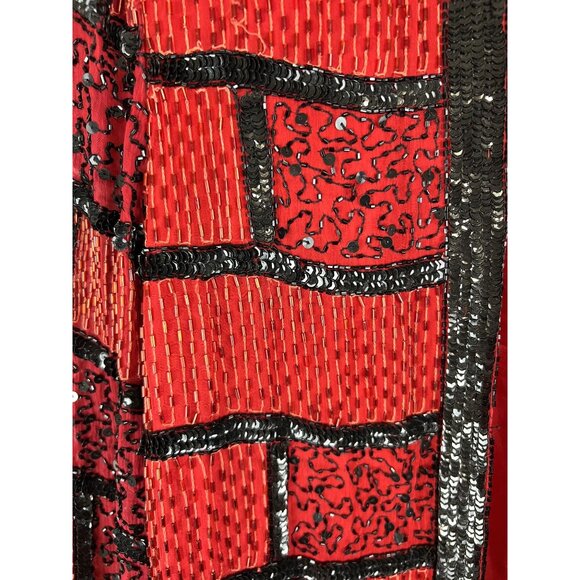 VTG Women 2X Bold Sequin Silk Red Black Beaded Geometric Retro 38" Long Jacket - Picture 10 of 11